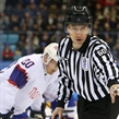 GANGNEUNG, SOUTH KOREA - FEBRUARY 20: Linesman Miroslav Lhotsky has words for the Slovenia player prior to the face-off during qualifaction round action against Norway at the PyeongChang 2018 Olympic Winter Games. (Photo by Andre Ringuette/HHOF-IIHF Images)

